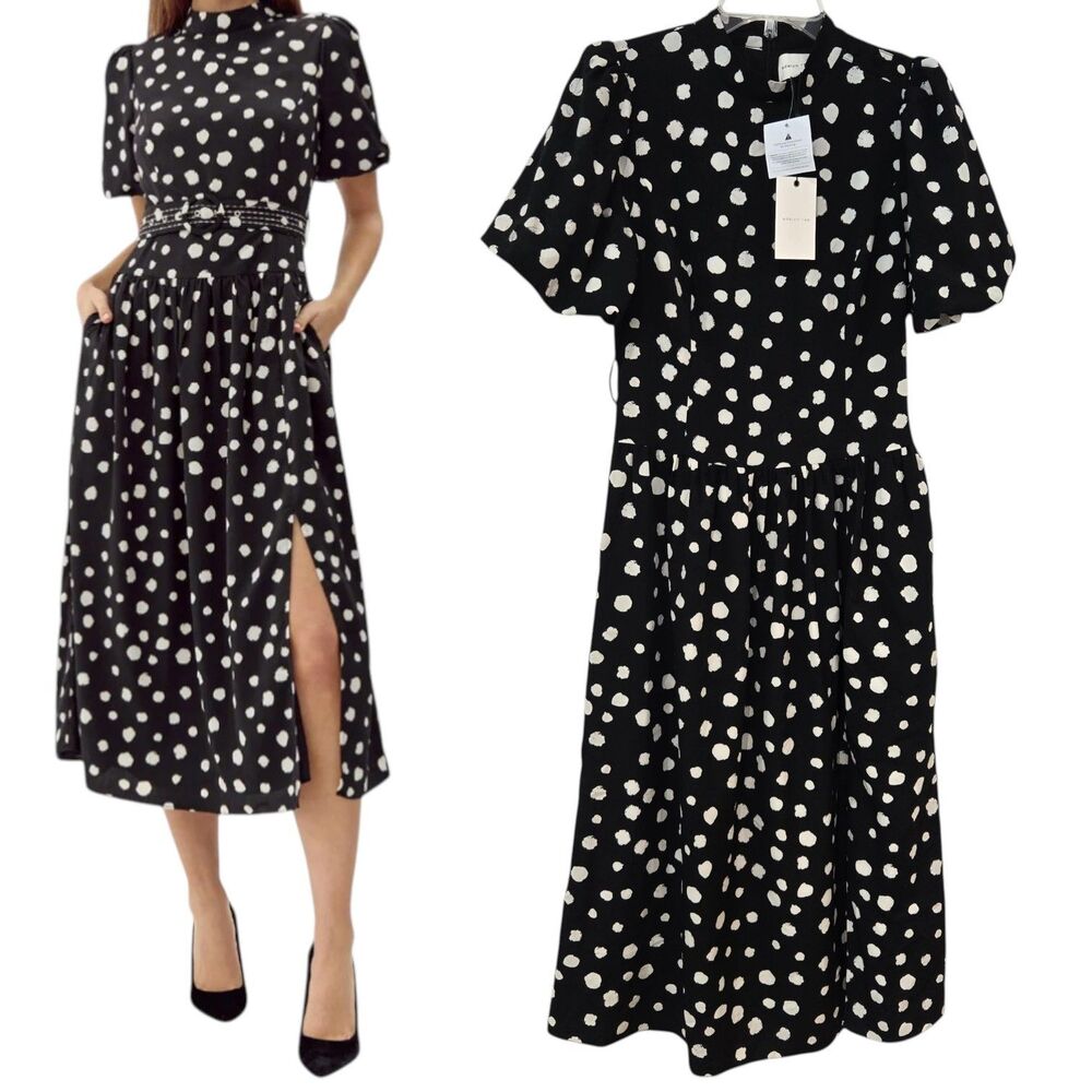 Adelyn Rae Darlene Polkadot Midi Dress Size Small Black Front Slit New No Belt